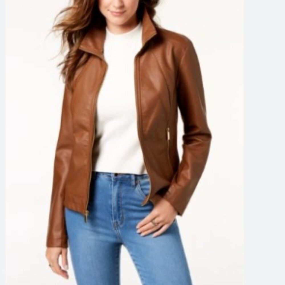 EUC Kenneth Cole Brown Faux Leather Zip Up Jacket Brown in Size XXL